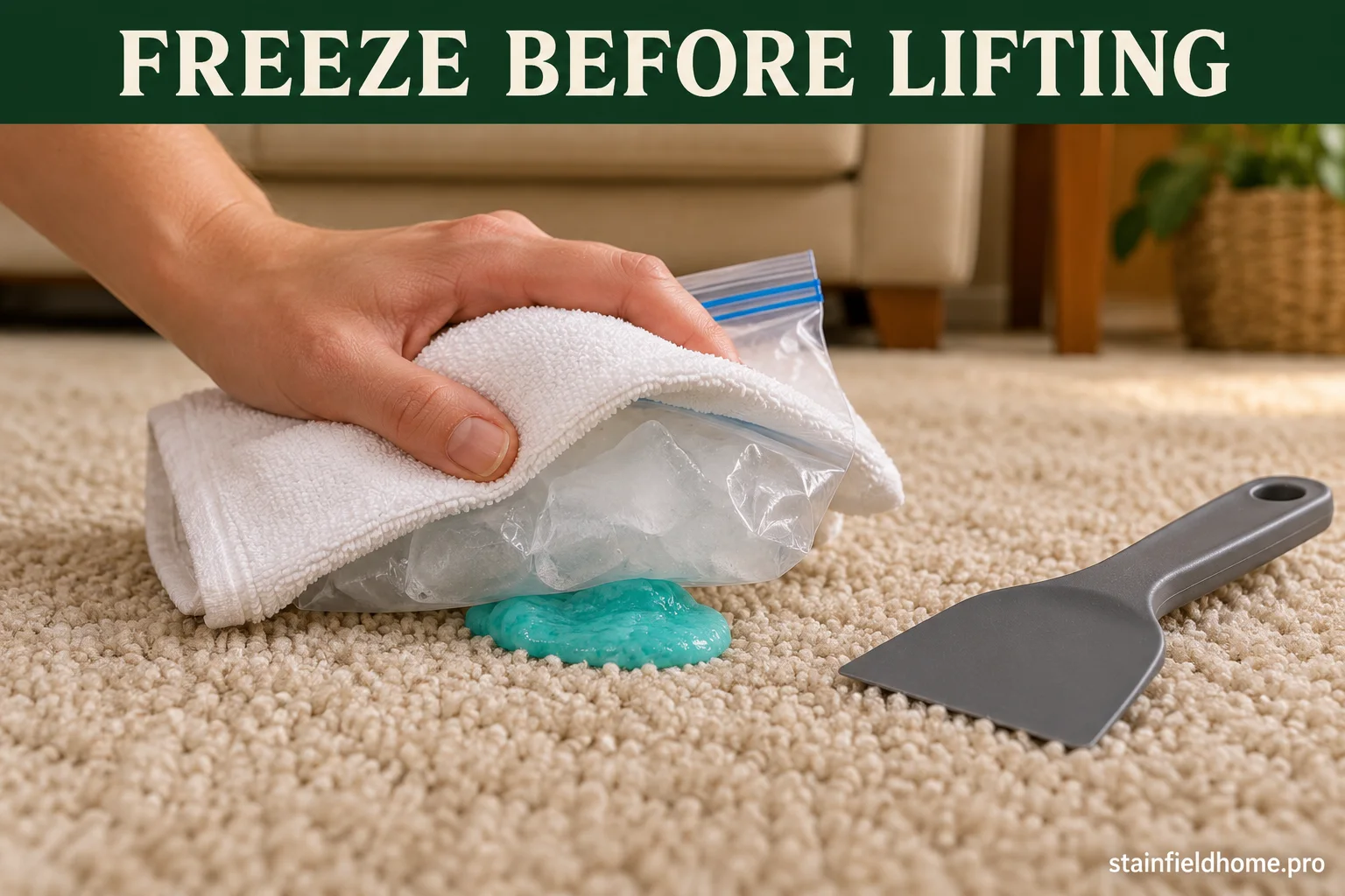 A towel-wrapped bag of ice being held against turquoise slime on beige carpet before the hardened slime is lifted.