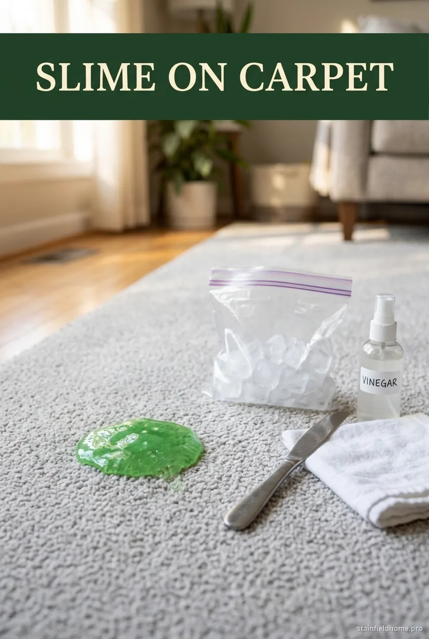 A child's homemade slime pressed into the pile of a light grey carpet next to a bag of ice cubes, a spray bottle, and a butter knife used to lift it