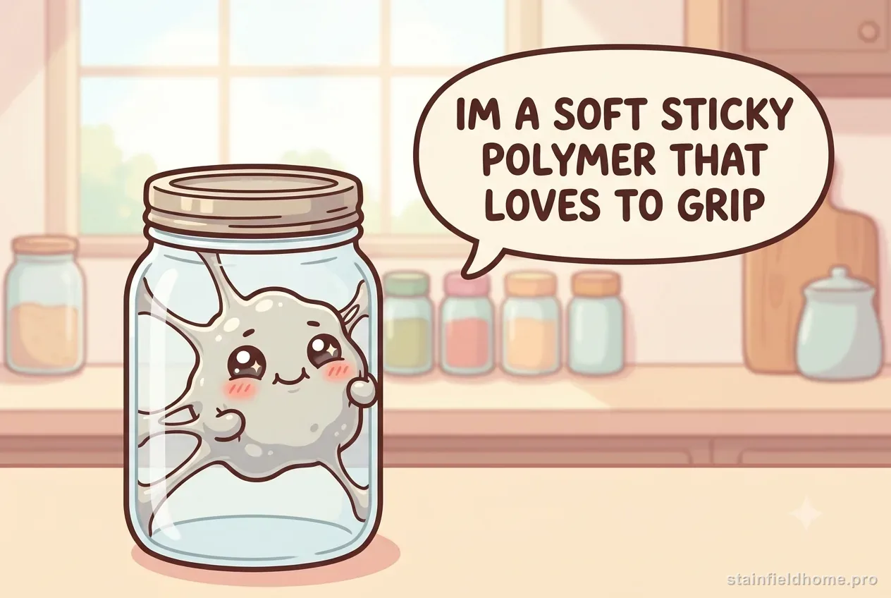 The cartoon sticker-residue character explaining it is a soft sticky polymer that loves to grip