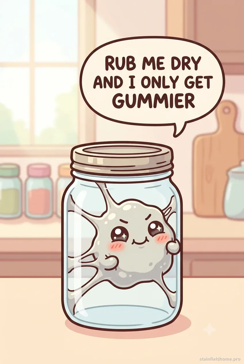A cute cartoon gooey sticker-residue character stuck on a clear glass jar in a chibi kitchen