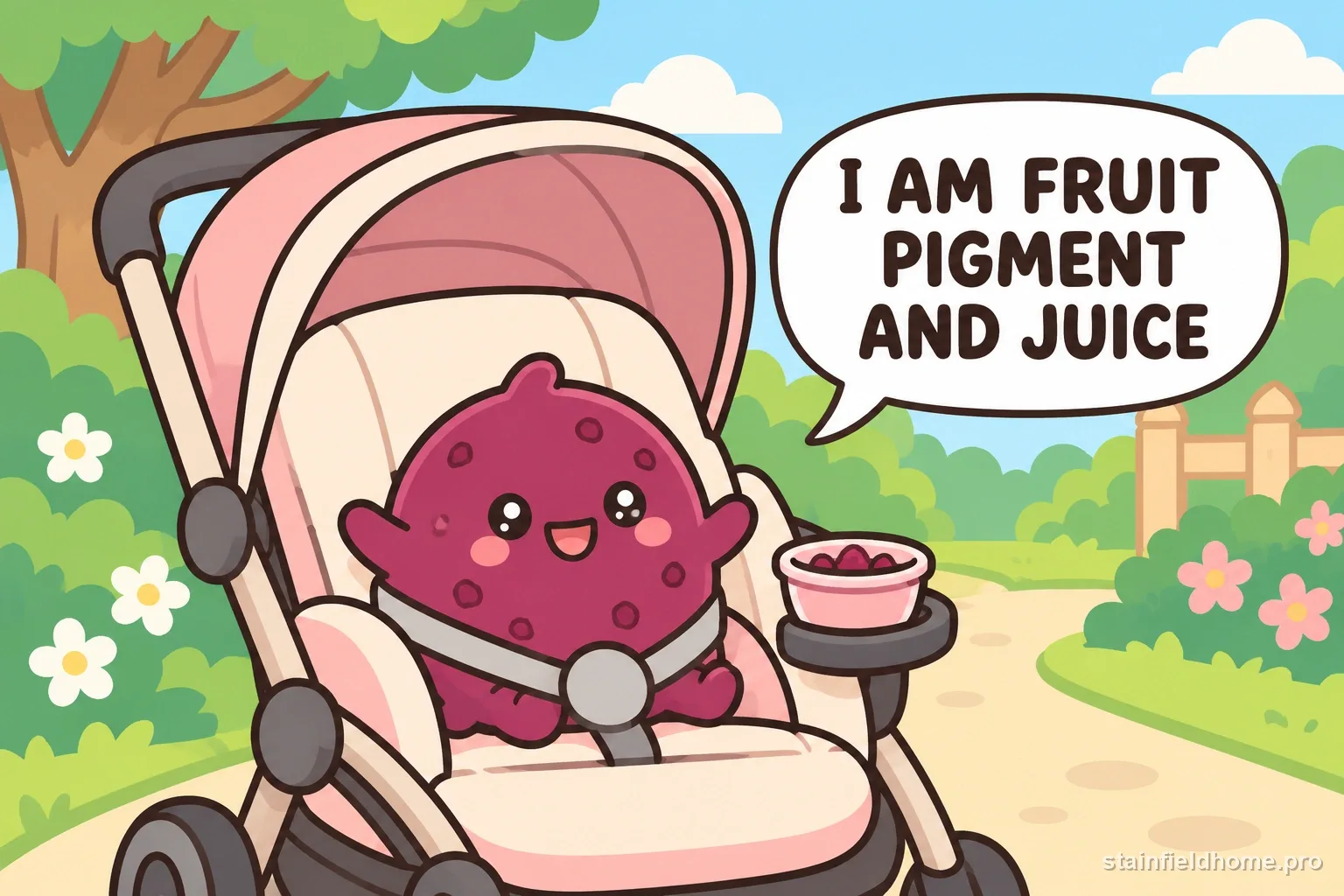 A berry-juice character in a stroller beside its snack cup.