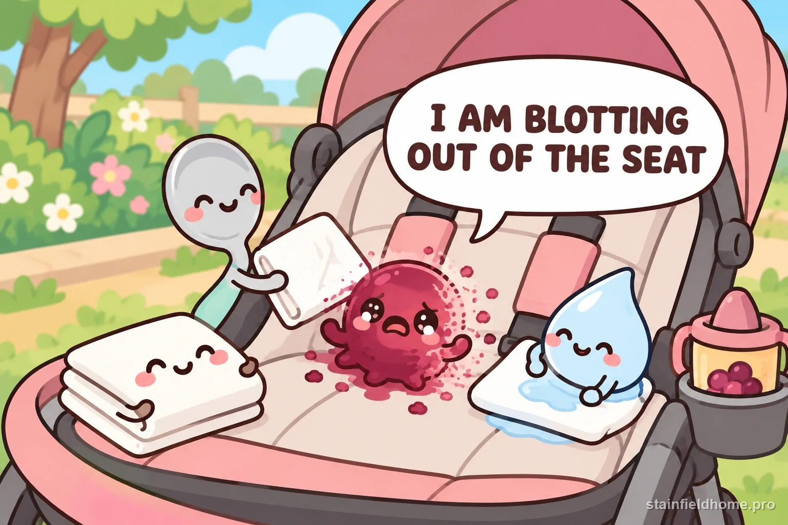 The berry-juice character fading beside a spoon, blotting cloths, and a damp cloth.
