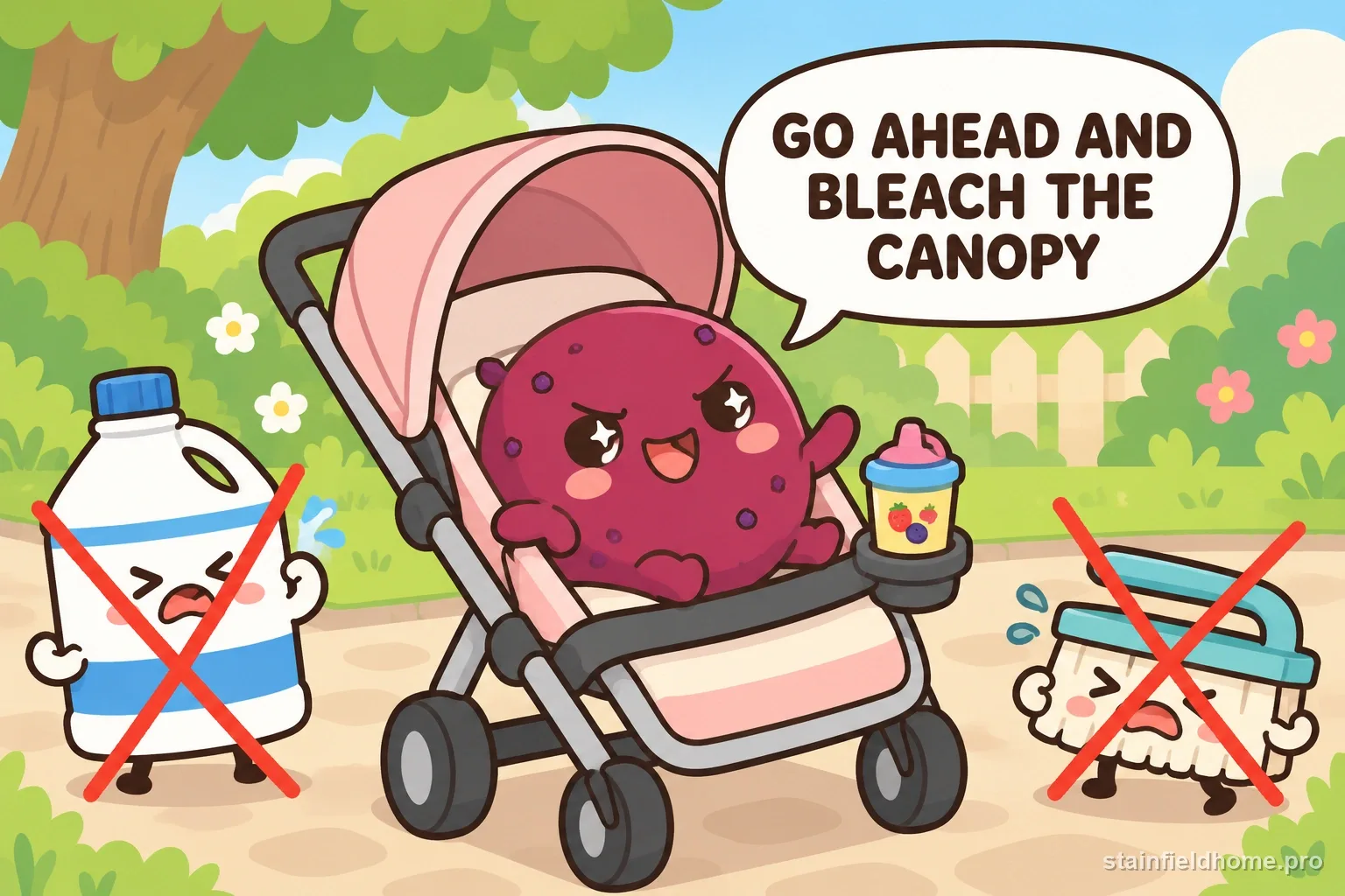 The berry-juice character beside crossed-out bleach and a hard scrubbing brush.