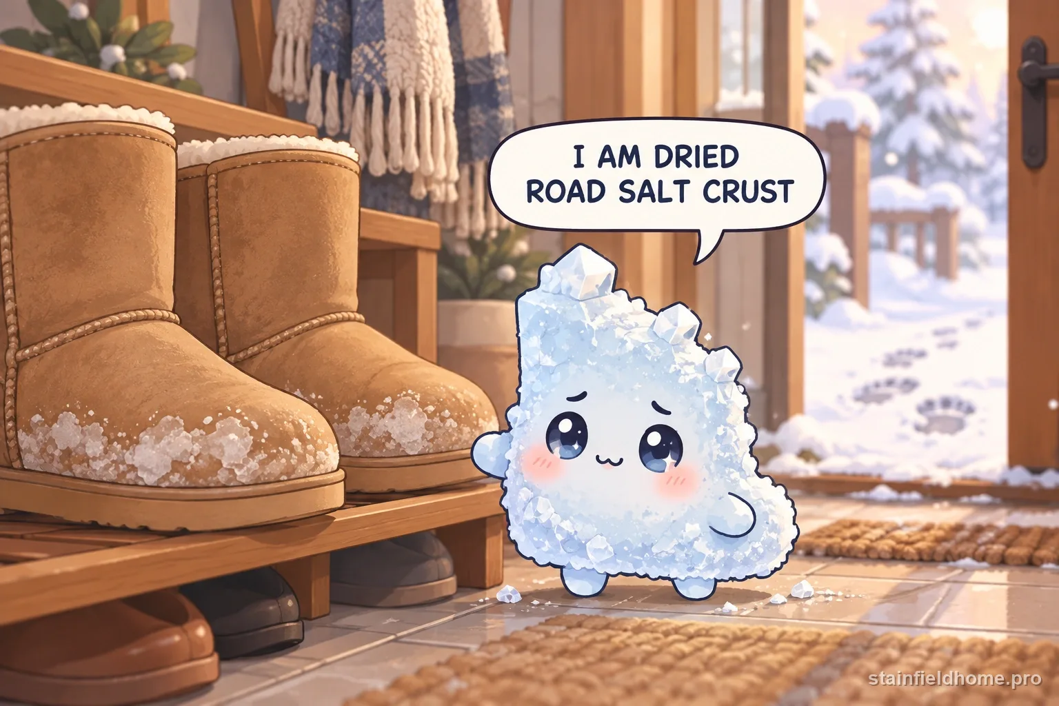 A salt-crust character on the nap of a suede boot.