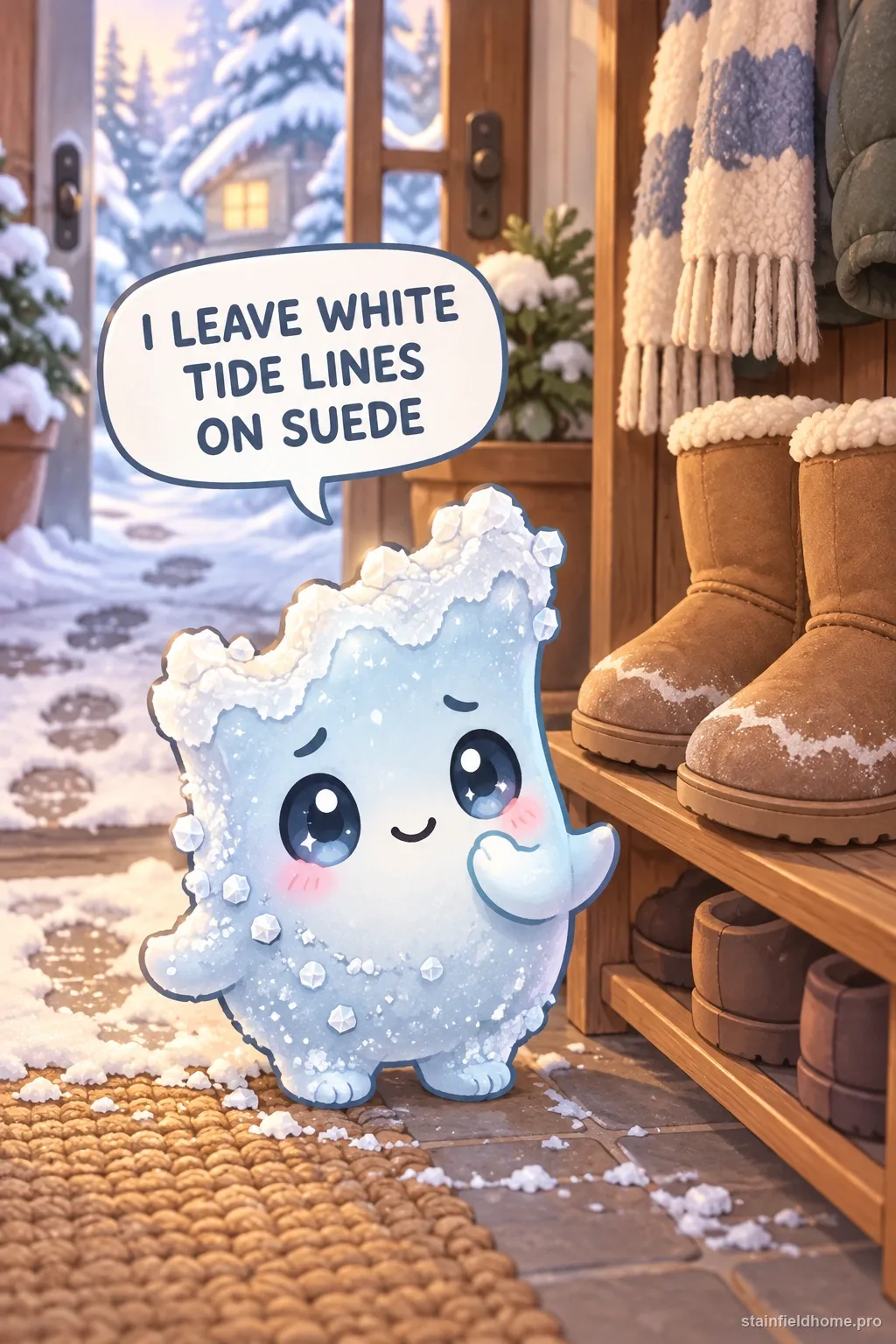 A pale salt-crystal character beside brown suede boots after winter weather, with a speech bubble.