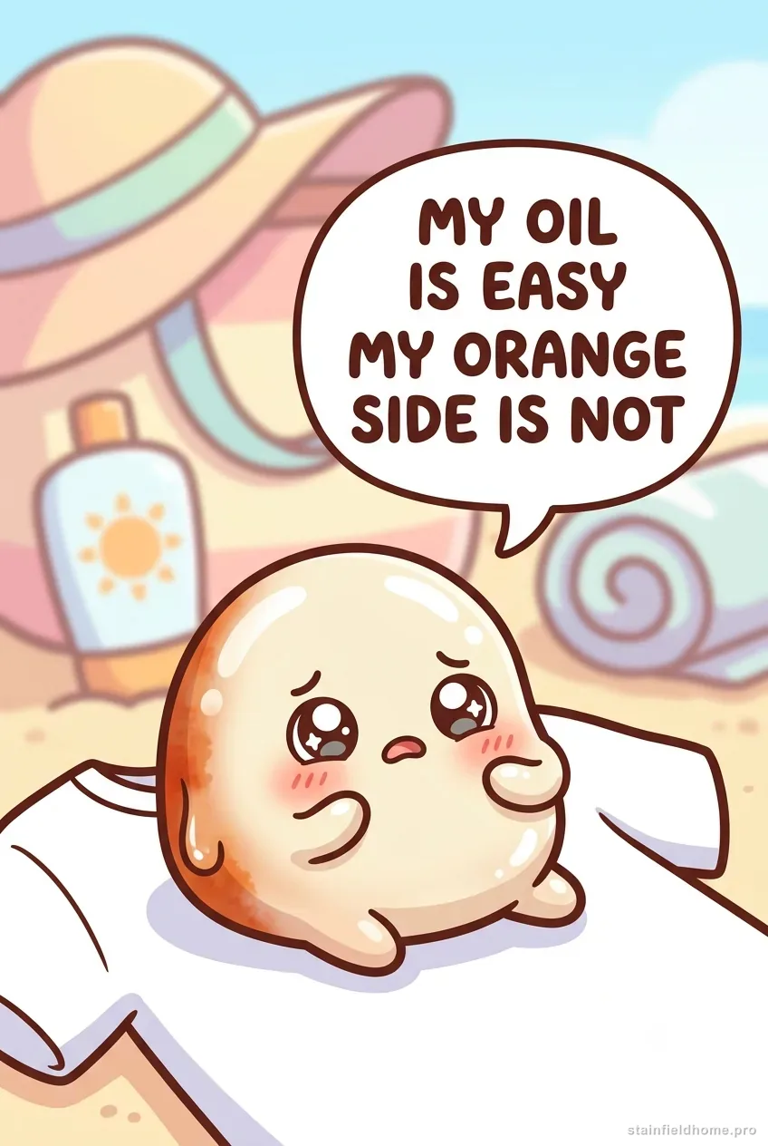 A cute cartoon glossy sunscreen-blob character on a white t-shirt in a chibi beach-bag scene