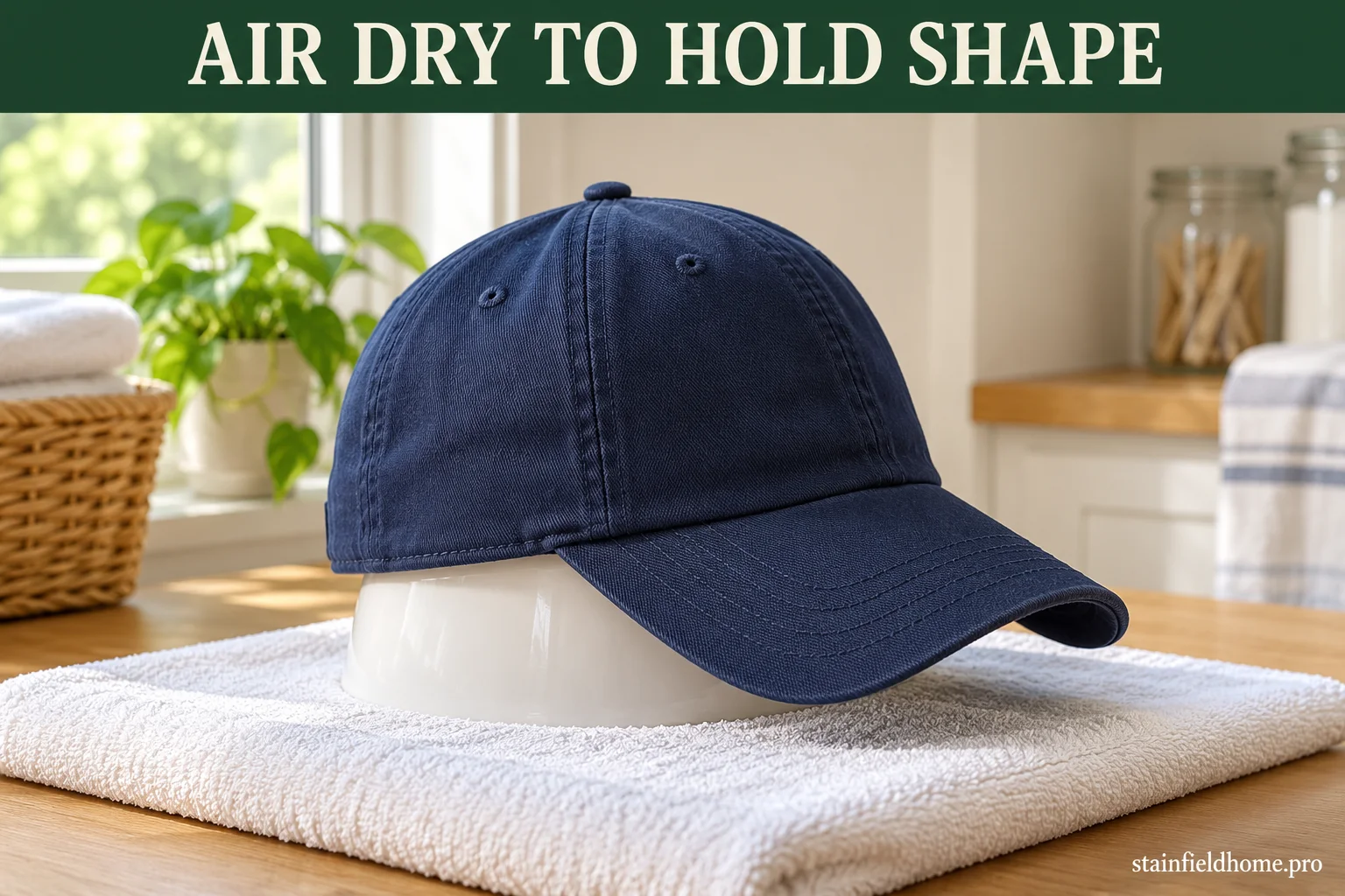 A navy baseball cap air-drying upright over a rounded bowl to help its crown keep its shape.