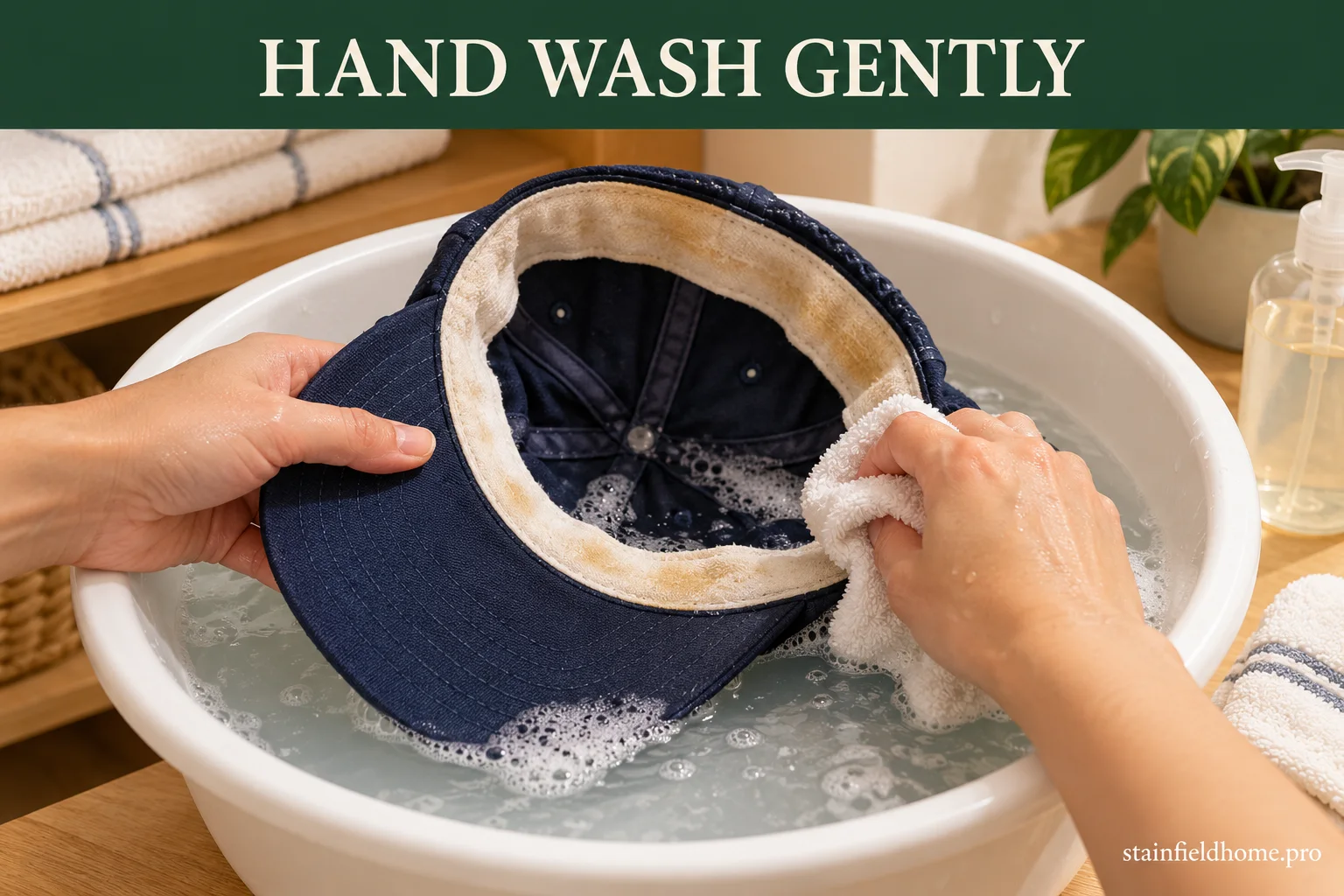 Hands gently cleaning an inside-out navy cap in cool soapy water while supporting the sweatband and brim.