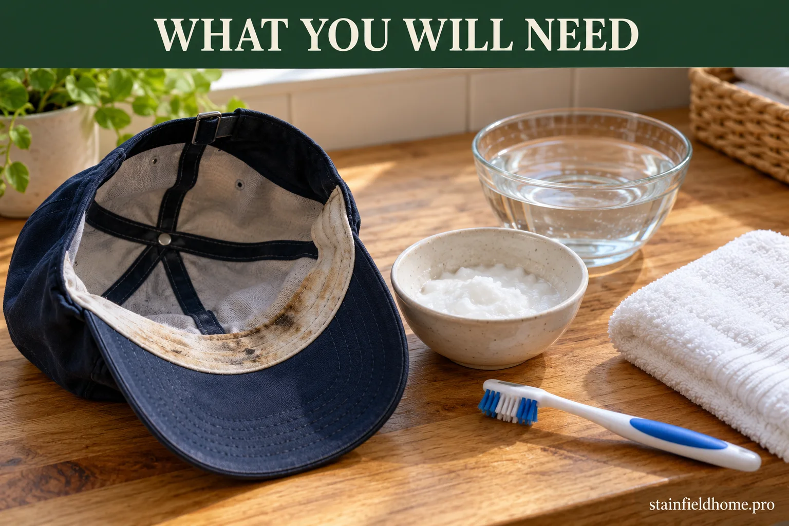 An inside-out navy baseball cap with a stained sweatband beside baking soda paste, cool water, and a soft toothbrush.