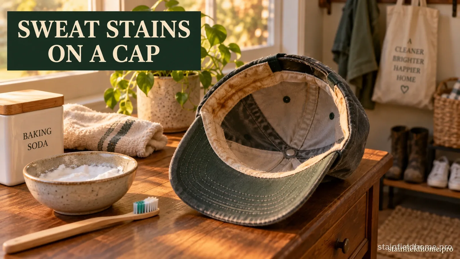 A worn baseball cap turned inside out on a wooden entryway table showing a yellow-brown sweatband stain, next to a bowl of baking soda paste and a soft toothbrush