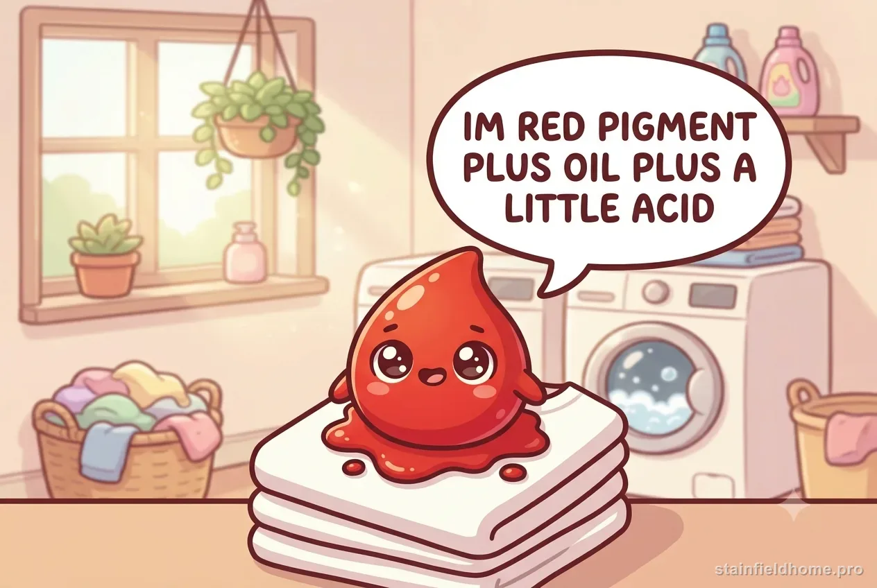 The cartoon tomato-sauce drop character saying it is made of red pigment, oil, and a little acid