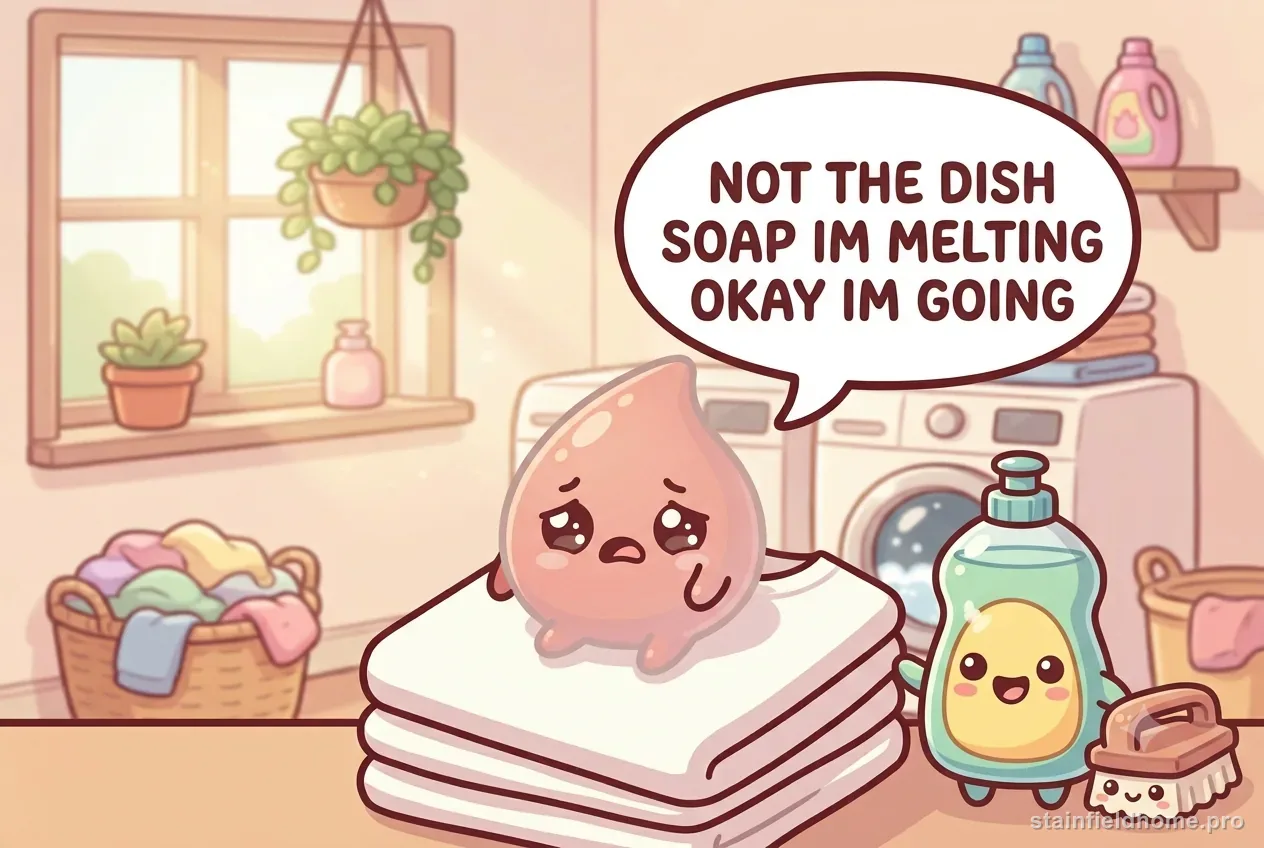 The tomato-sauce character shrinking beside a cheerful cartoon dish-soap bottle and scrub brush