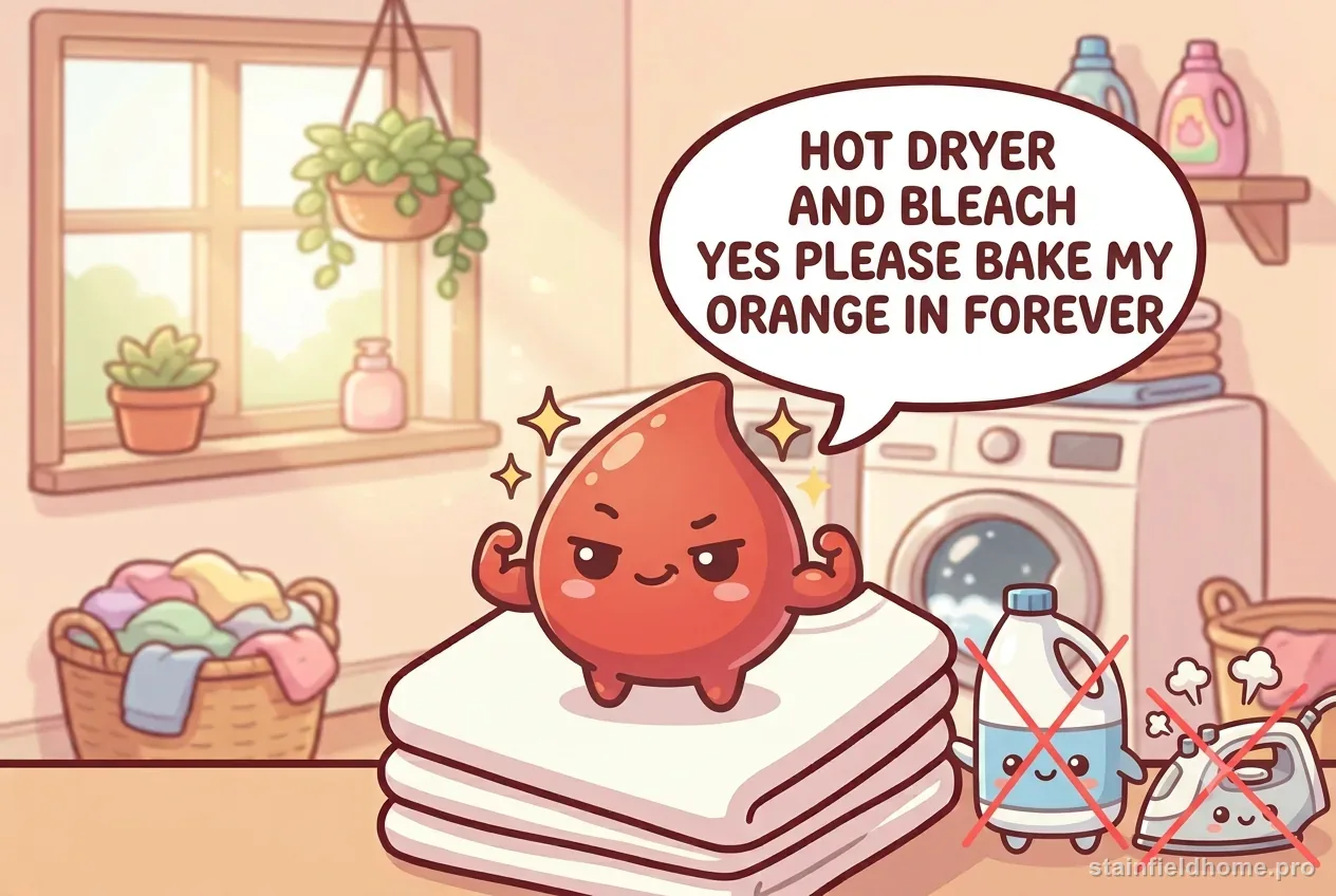 The tomato-sauce character looking smug next to a crossed-out bleach jug and hot iron