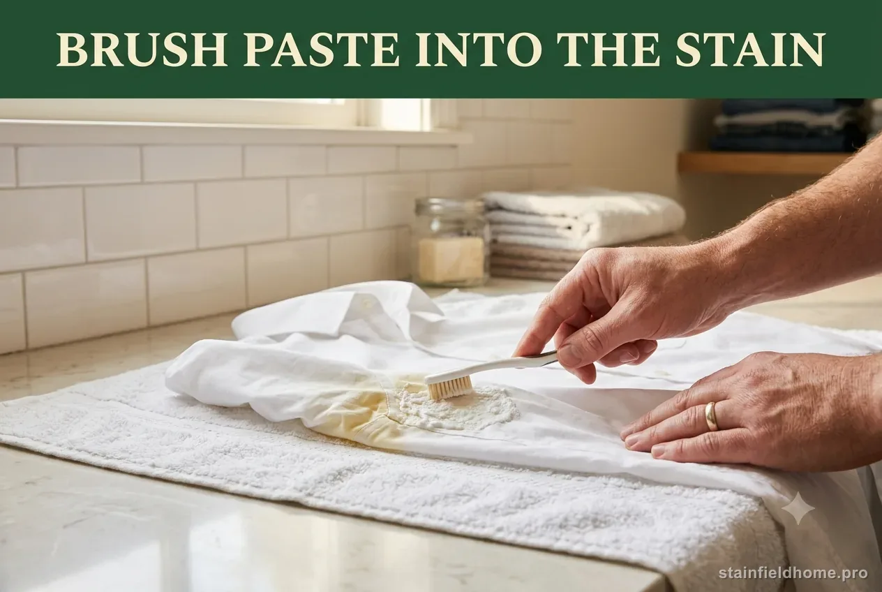 A hand brushing a thick white paste onto the yellowed underarm of a white shirt with a soft toothbrush