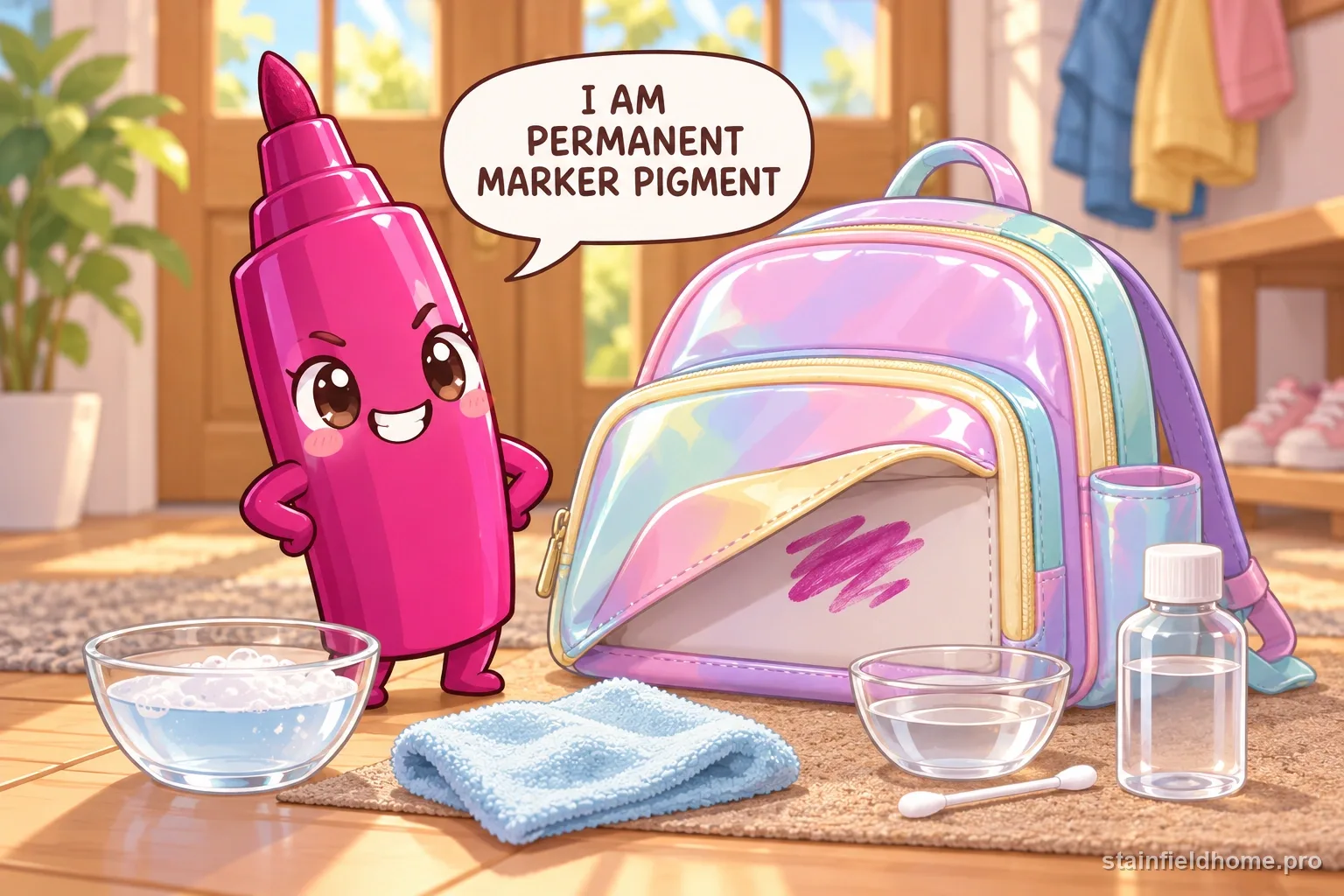 A chibi permanent marker character on vinyl backpack with a speech bubble reading “I AM PERMANENT MARKER PIGMENT”.