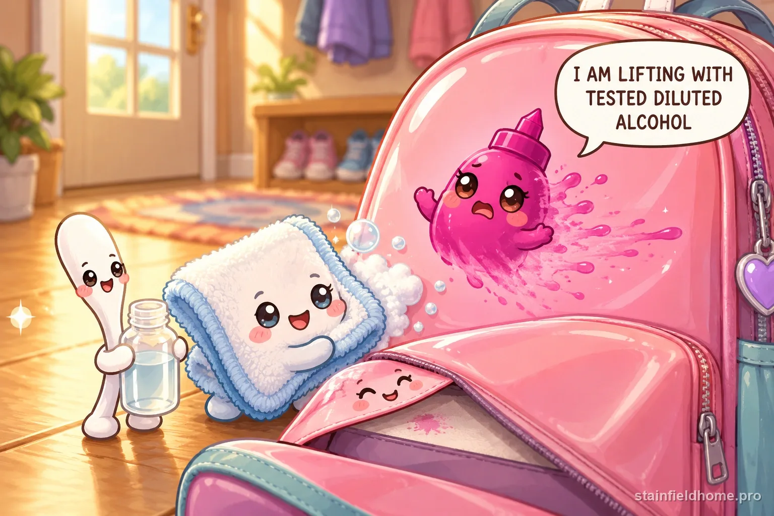 The permanent marker character fades beside cleaning supplies for vinyl backpack, with a speech bubble reading “I AM LIFTING WITH TESTED DILUTED ALCOHOL”.