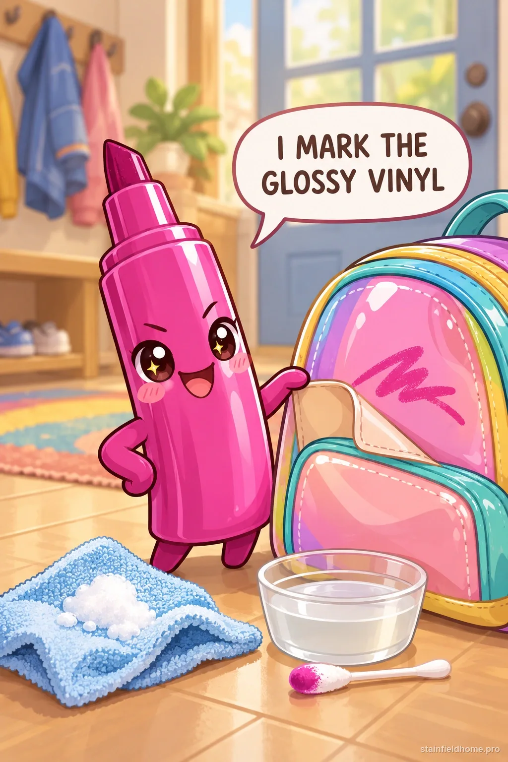 A chibi permanent marker character in an illustrated scene about vinyl backpack.
