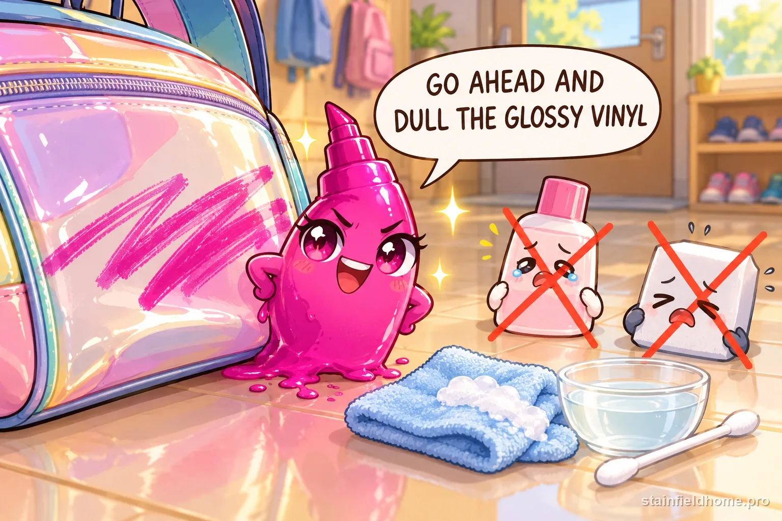 The permanent marker character warns against a risky cleaning method for vinyl backpack, with a speech bubble reading “GO AHEAD AND DULL THE GLOSSY VINYL”.