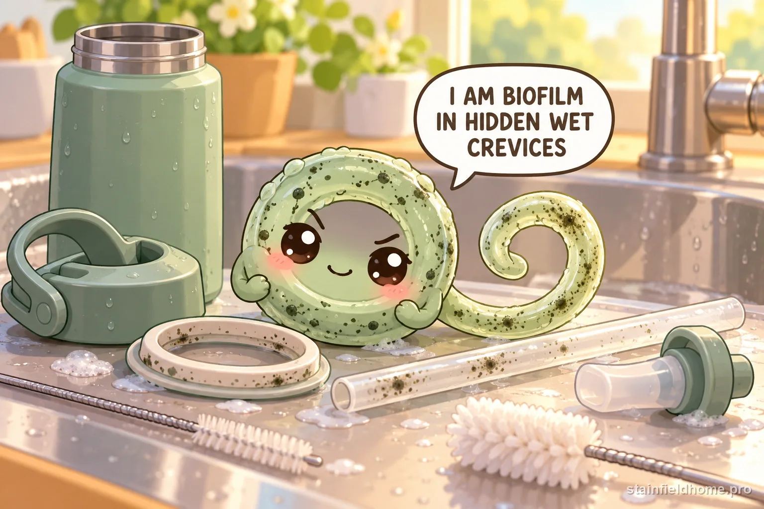 A chibi mold and biofilm character on reusable bottle straw and gasket with a speech bubble reading “I AM BIOFILM IN HIDDEN WET CREVICES”.