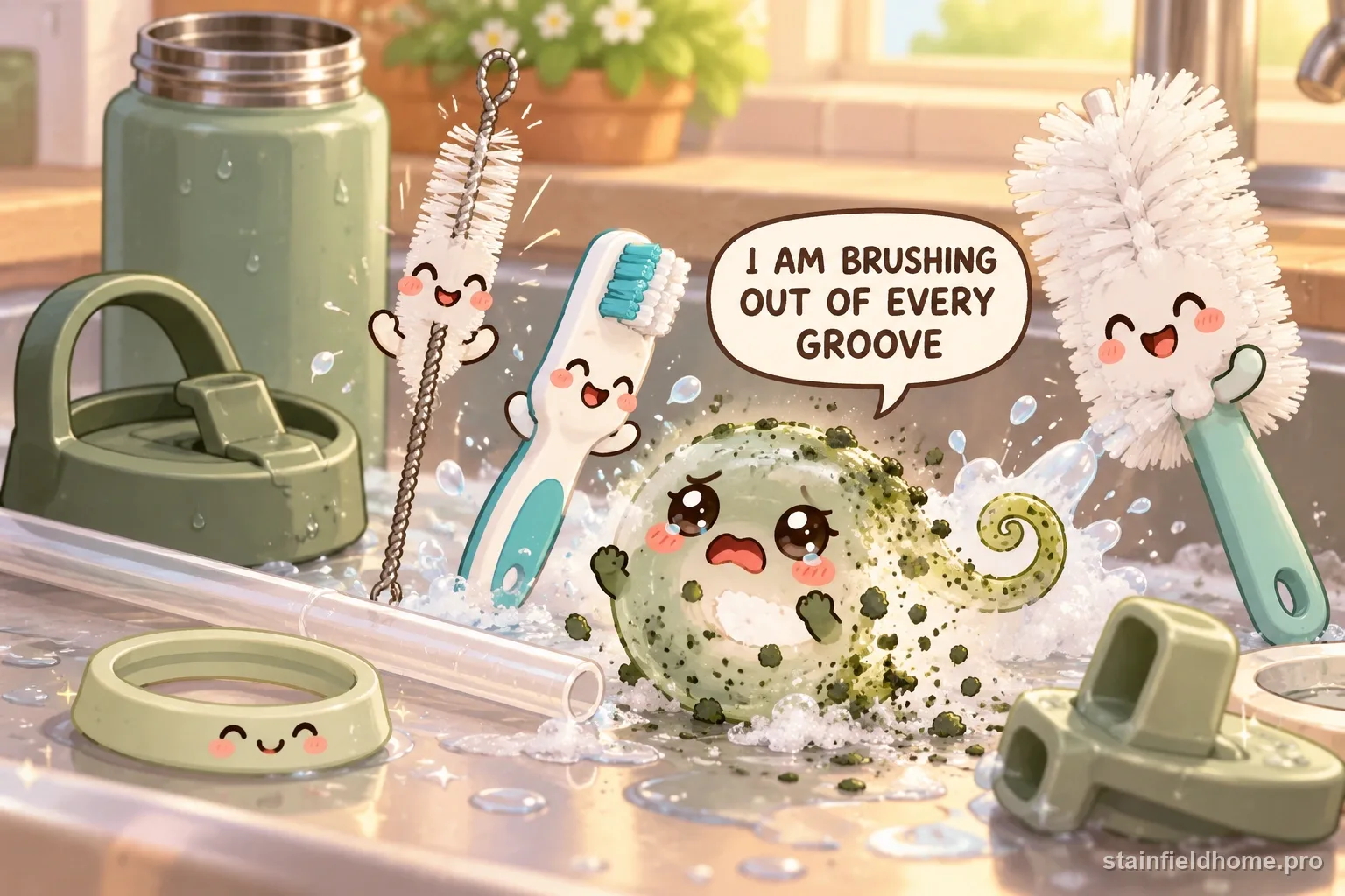 The mold and biofilm character fades beside cleaning supplies for reusable bottle straw and gasket, with a speech bubble reading “I AM BRUSHING OUT OF EVERY GROOVE”.