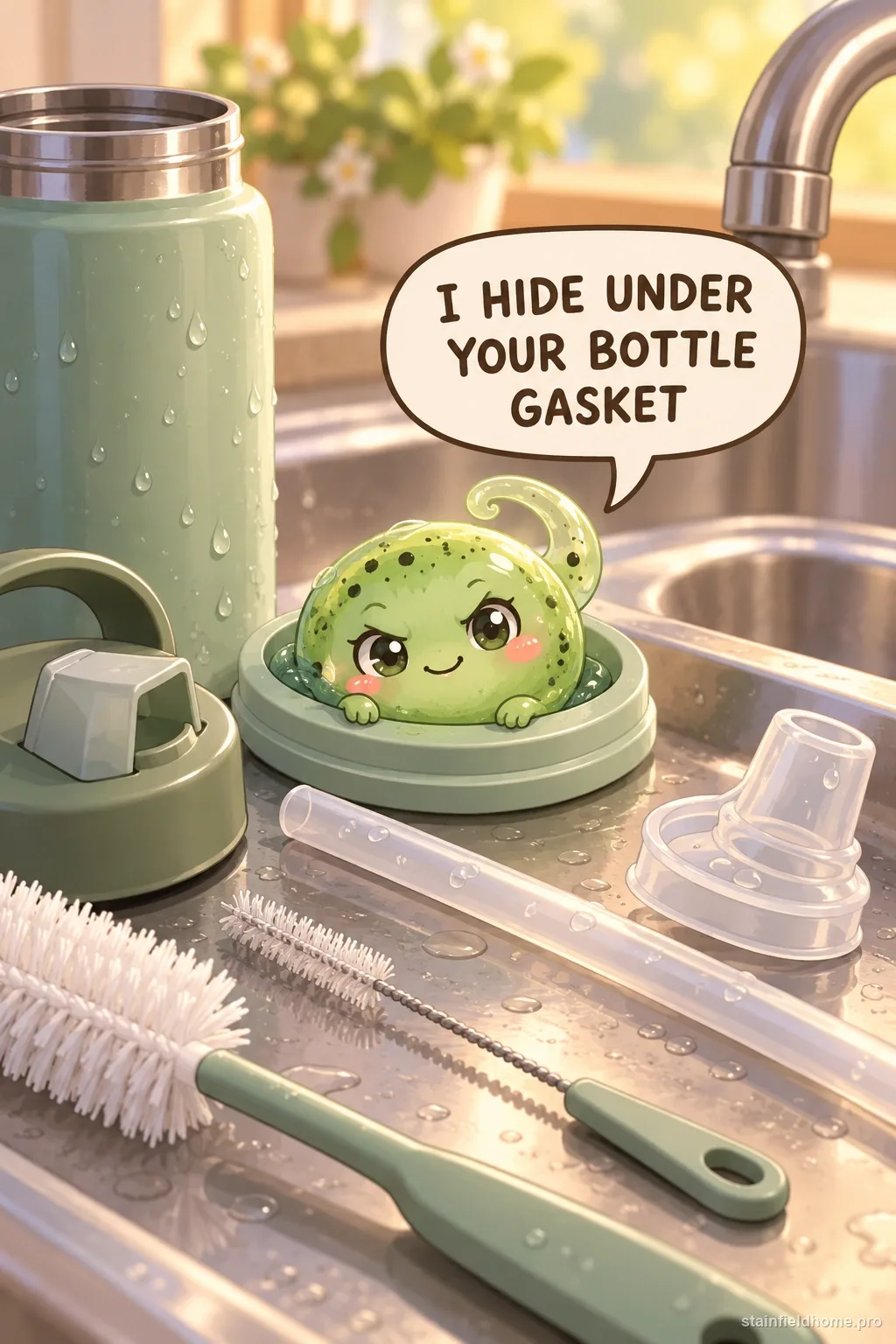 A chibi mold and biofilm character in an illustrated scene about reusable bottle straw and gasket.