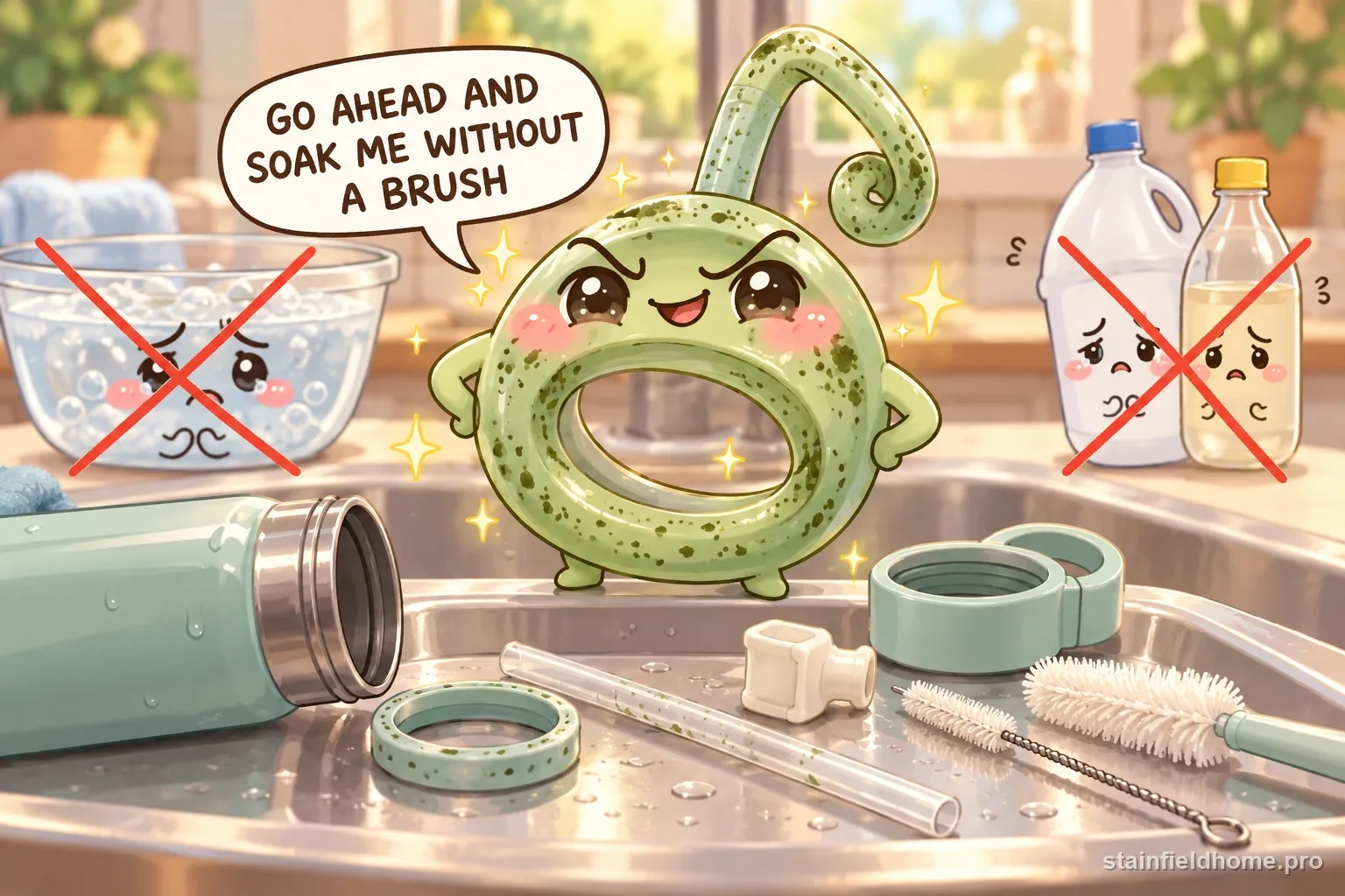 The mold and biofilm character warns against a risky cleaning method for reusable bottle straw and gasket, with a speech bubble reading “GO AHEAD AND SOAK ME WITHOUT A BRUSH”.