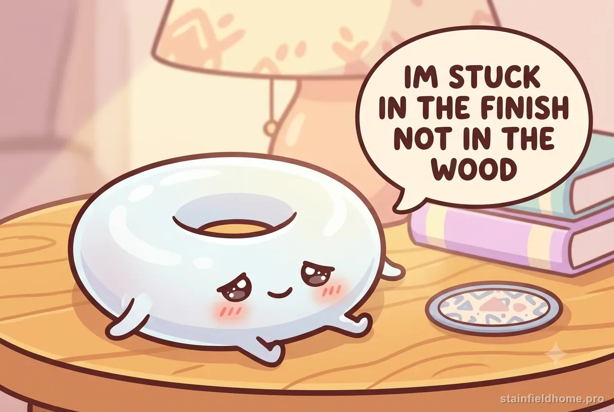 The cartoon water-ring character explaining it is stuck in the finish, not in the wood