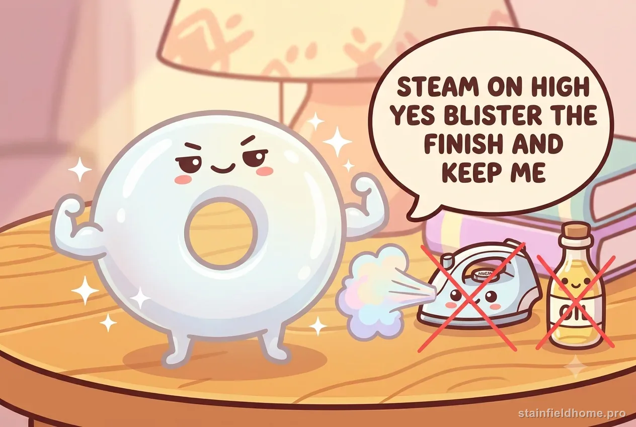 The water-ring character looking smug next to a crossed-out high-steam iron and oil bottle