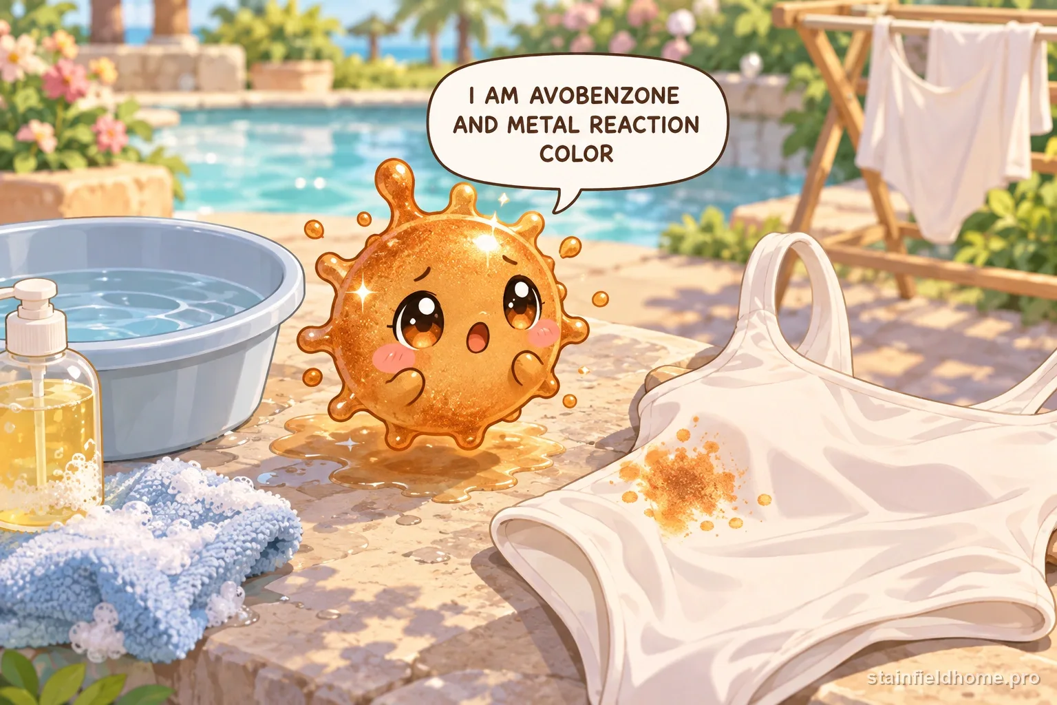 A chibi sunscreen (avobenzone) character on white swimsuit with a speech bubble reading “I AM AVOBENZONE AND METAL REACTION COLOR”.