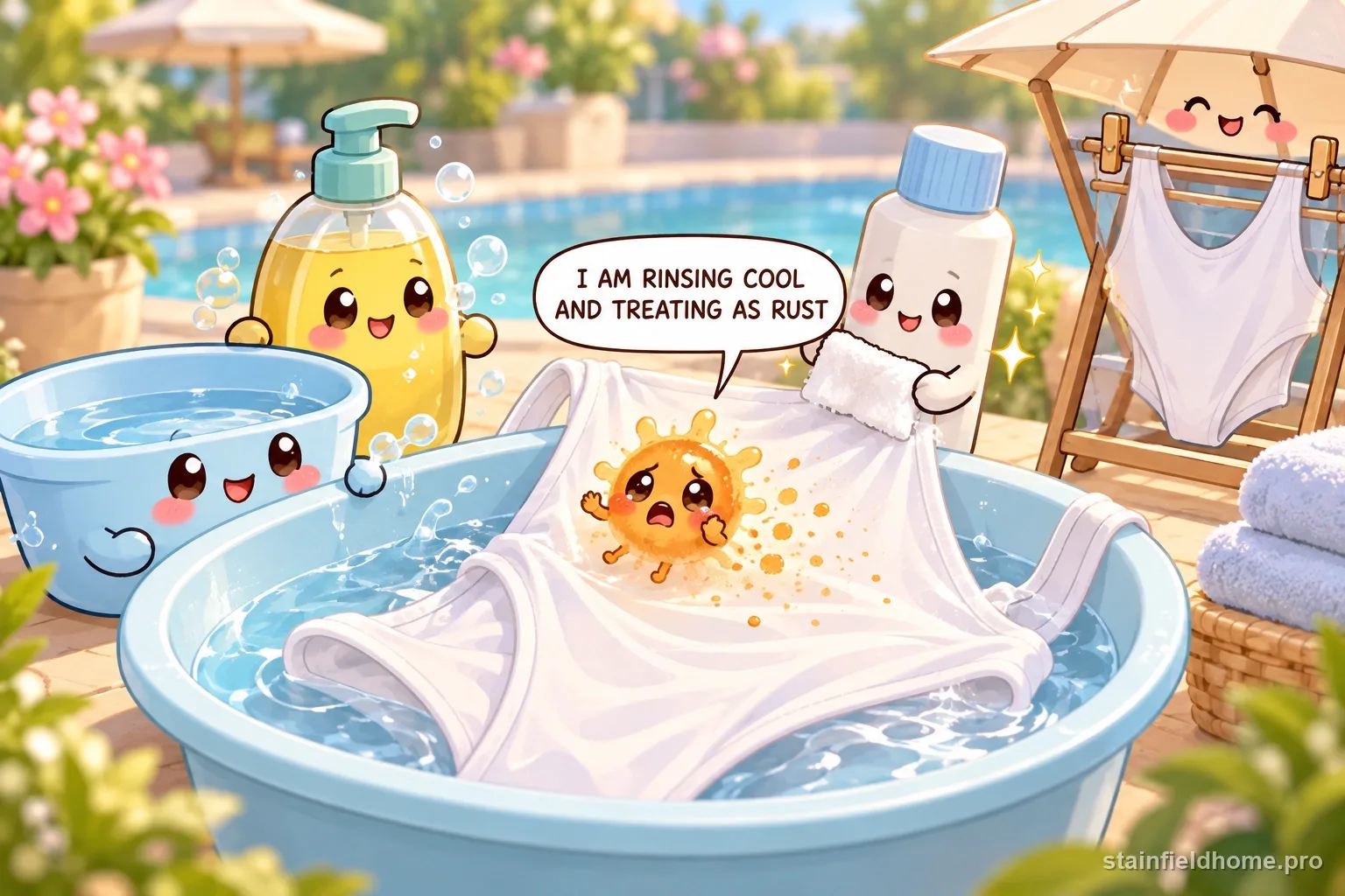 The sunscreen (avobenzone) character fades beside cleaning supplies for white swimsuit, with a speech bubble reading “I AM RINSING COOL AND TREATING AS RUST”.
