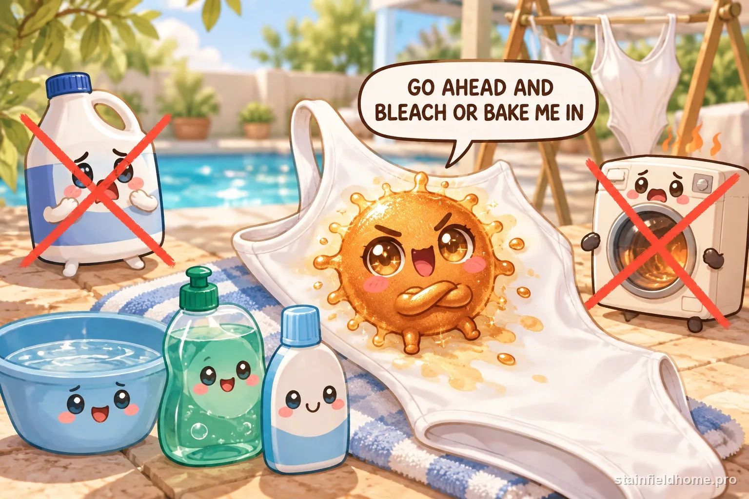 The sunscreen (avobenzone) character warns against a risky cleaning method for white swimsuit, with a speech bubble reading “GO AHEAD AND BLEACH OR BAKE ME IN”.