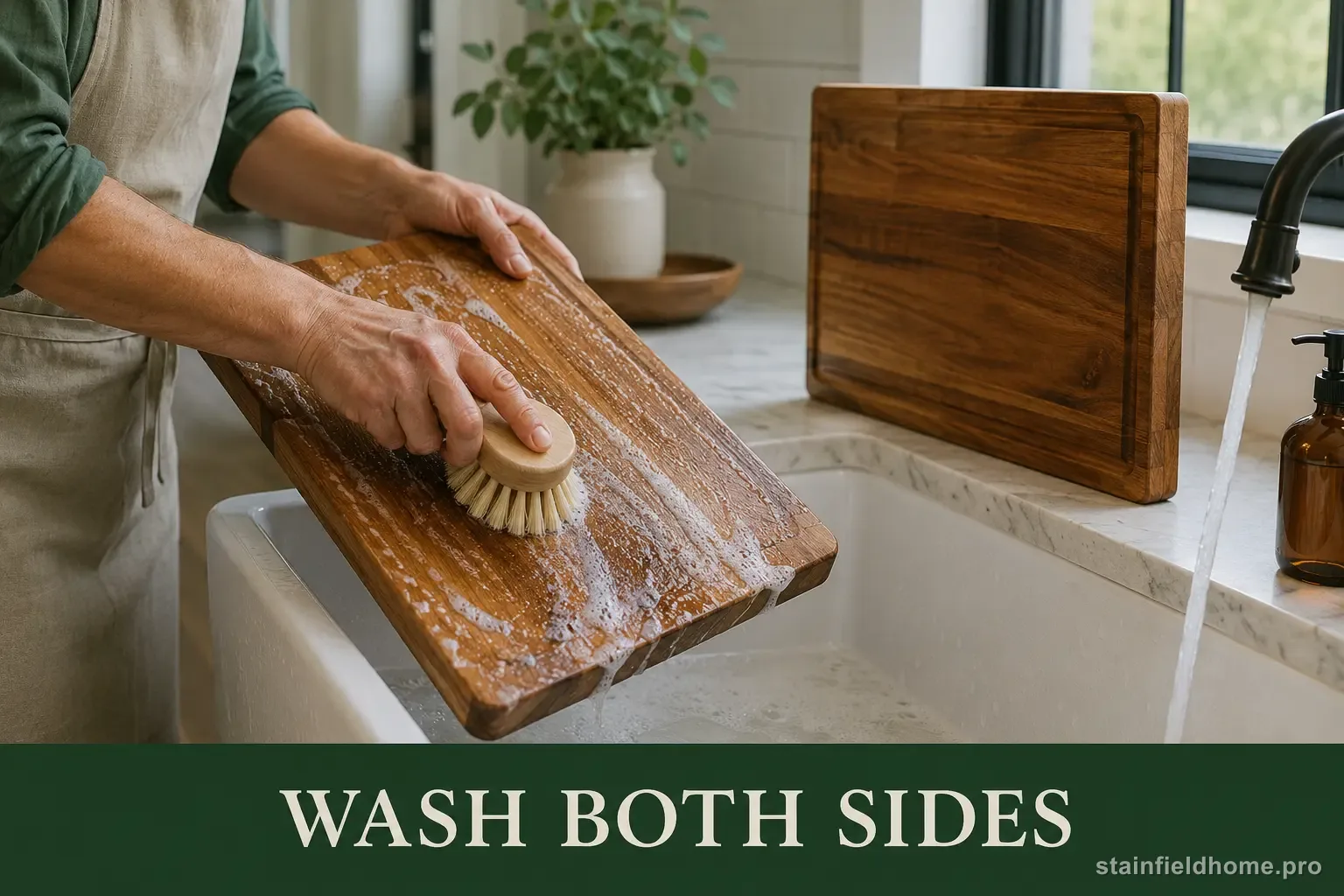 Adult hands washing a wooden cutting board while another board dries upright on its edge