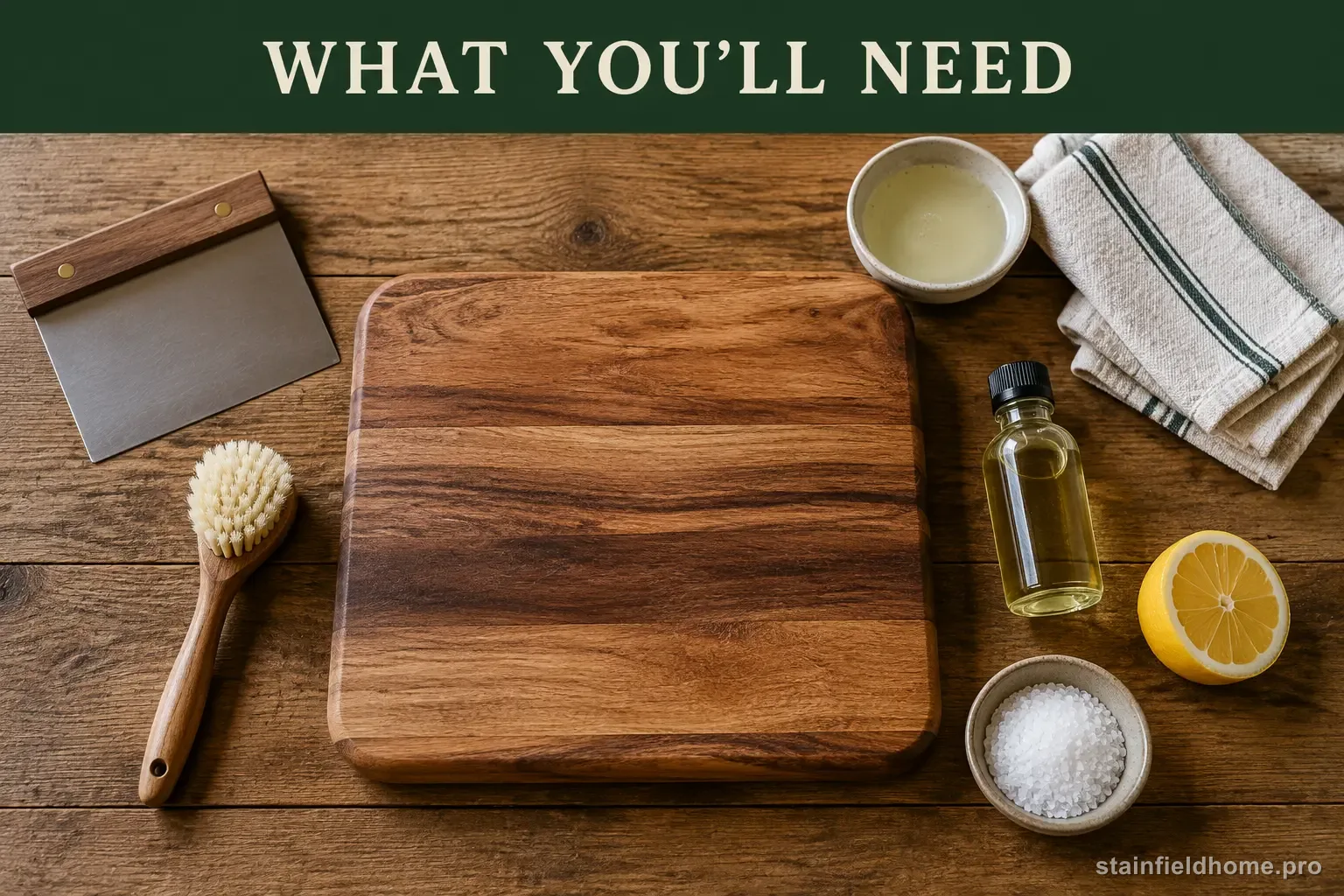 A wooden cutting board with a bench scraper, soft brush, towels, mineral oil, salt, and lemon