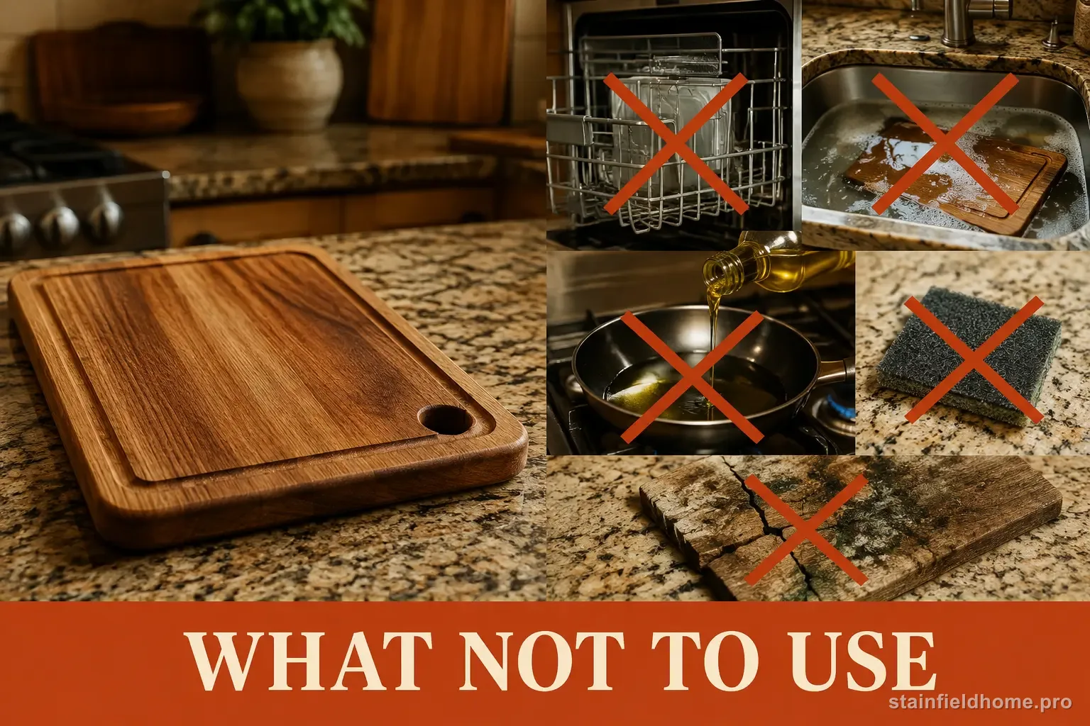 Dishwasher, soaking, cooking oil, rough scrubber, and a damaged board marked as unsafe