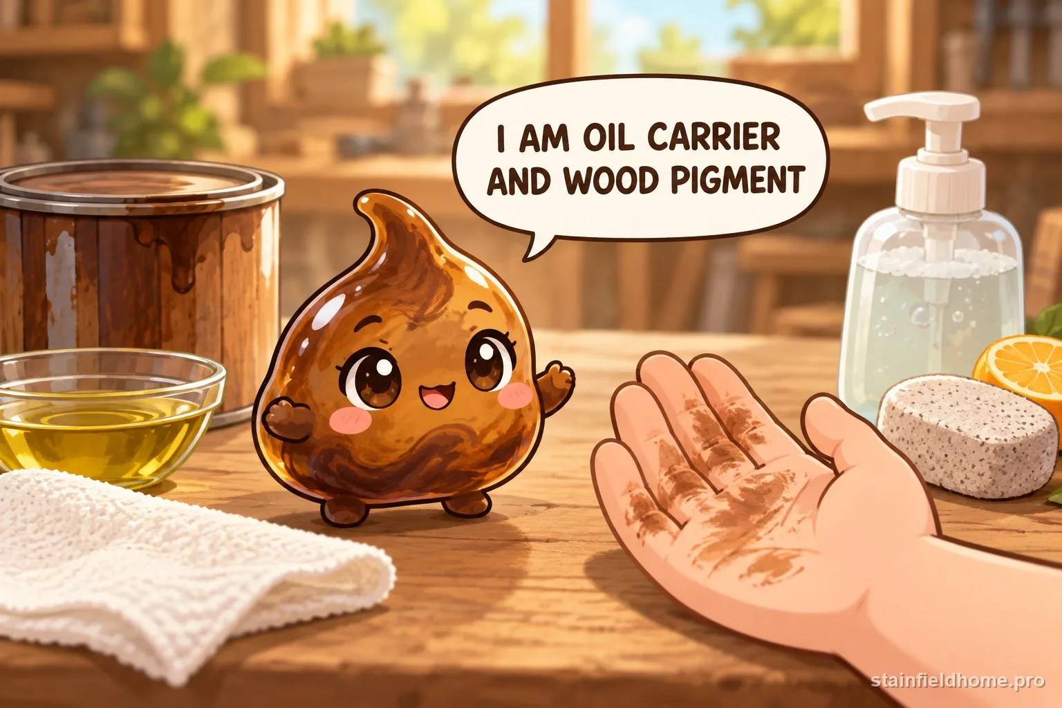 A wood-stain character representing oil carrier and pigment on a hand.