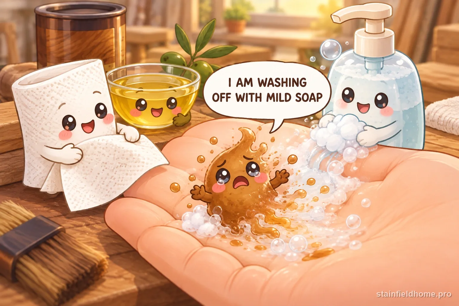 The stain character washing away with mild soap and water.