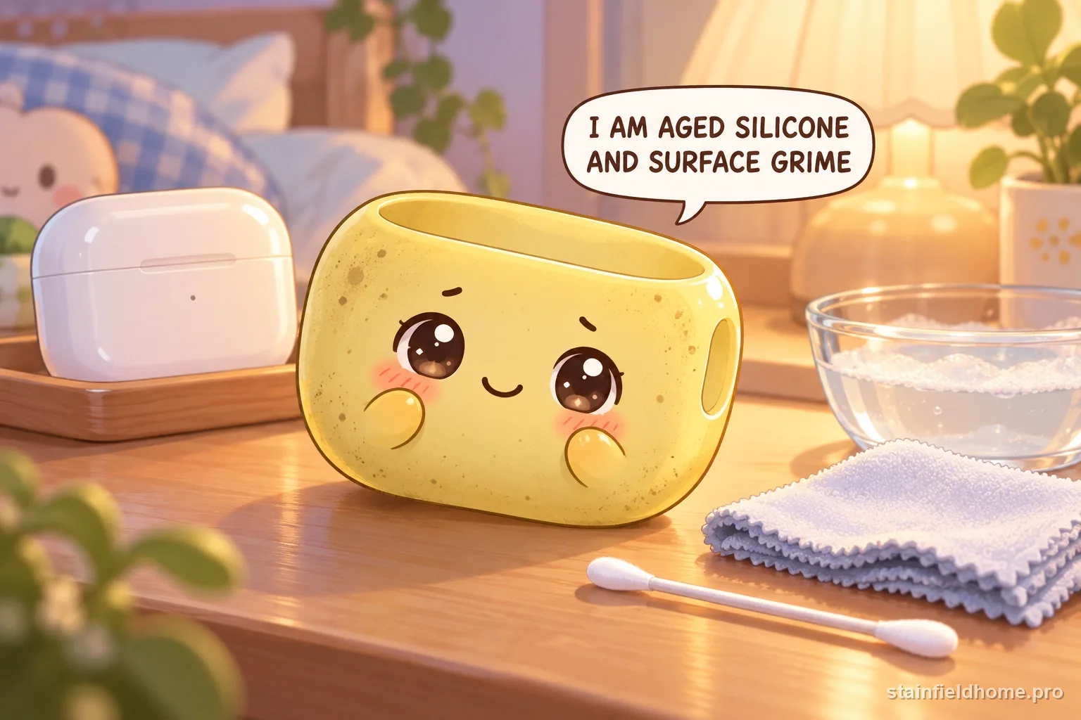 An aged silicone and surface-grime character beside an earbud case.