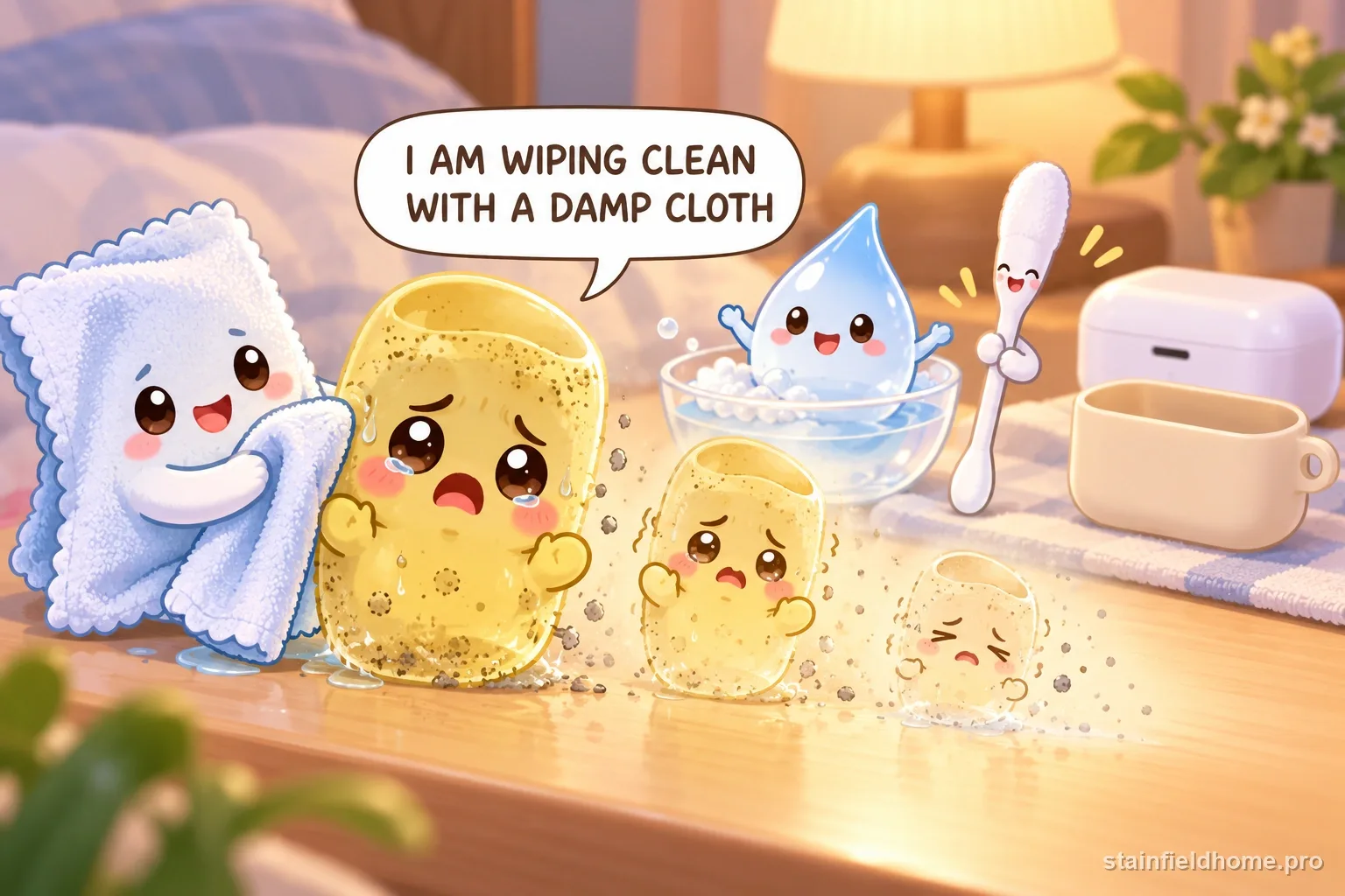 The yellow case character being wiped with a damp cloth and cotton swab.