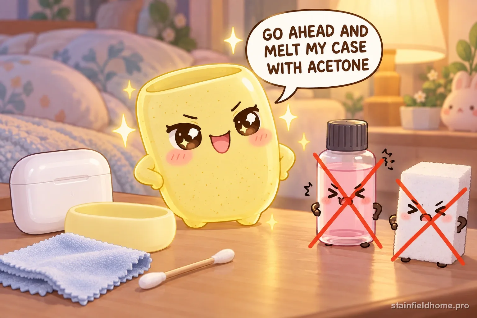 The yellow case character beside crossed-out acetone and an abrasive scrubber.