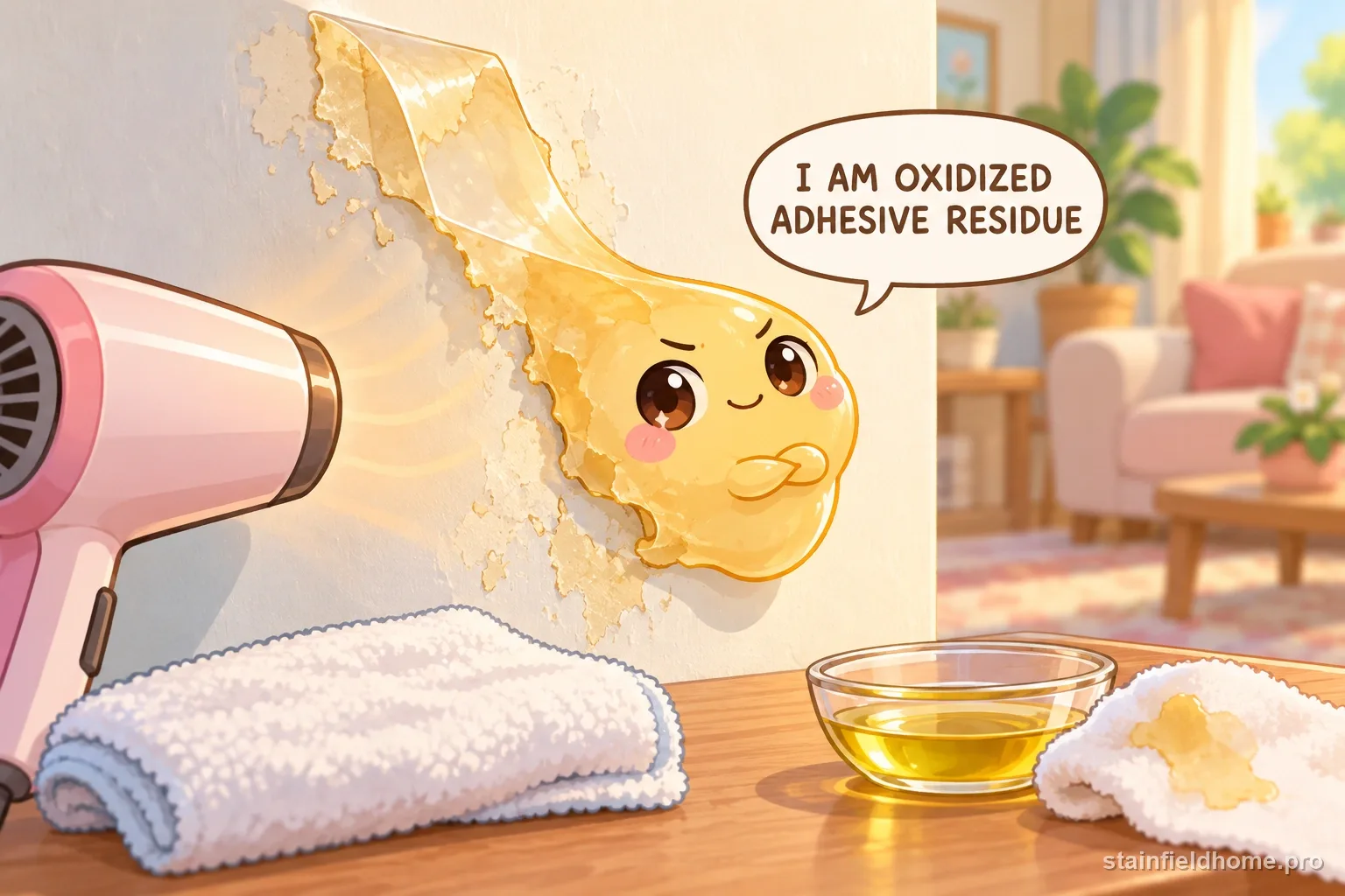 A chibi yellowed tape adhesive character on painted wall with a speech bubble reading “I AM OXIDIZED ADHESIVE RESIDUE”.