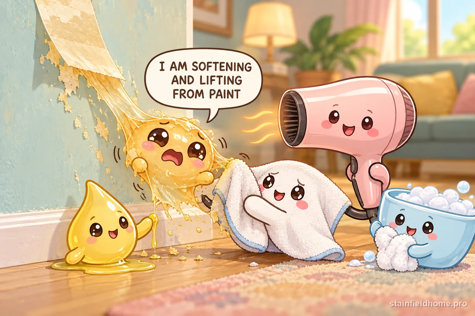 The yellowed tape adhesive character fades beside cleaning supplies for painted wall, with a speech bubble reading “I AM SOFTENING AND LIFTING FROM PAINT”.