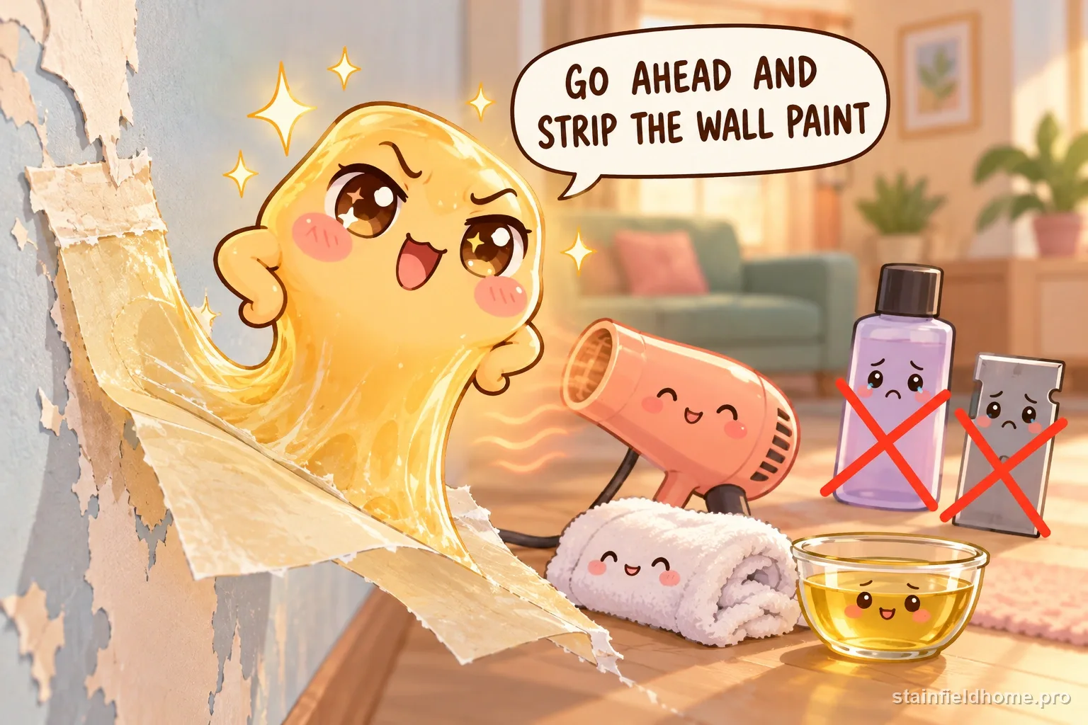 The yellowed tape adhesive character warns against a risky cleaning method for painted wall, with a speech bubble reading “GO AHEAD AND STRIP THE WALL PAINT”.