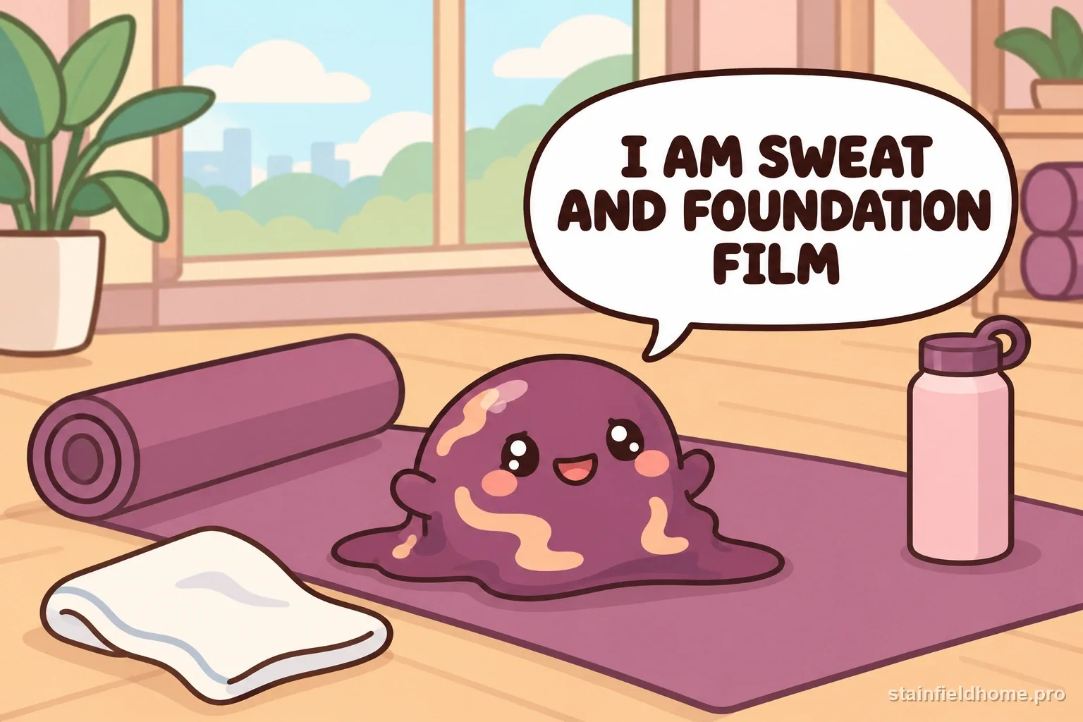 A sweat-and-foundation character on a plum yoga mat beside a towel and water bottle.