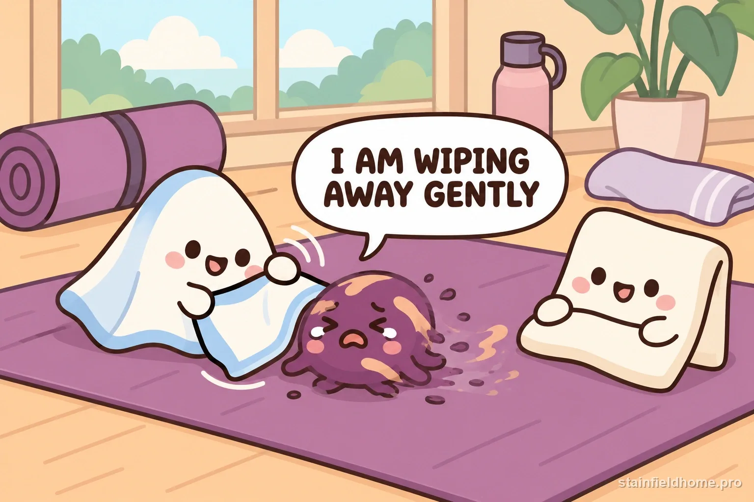 The stain character fading between two damp and dry cloth characters on an unrolled mat.