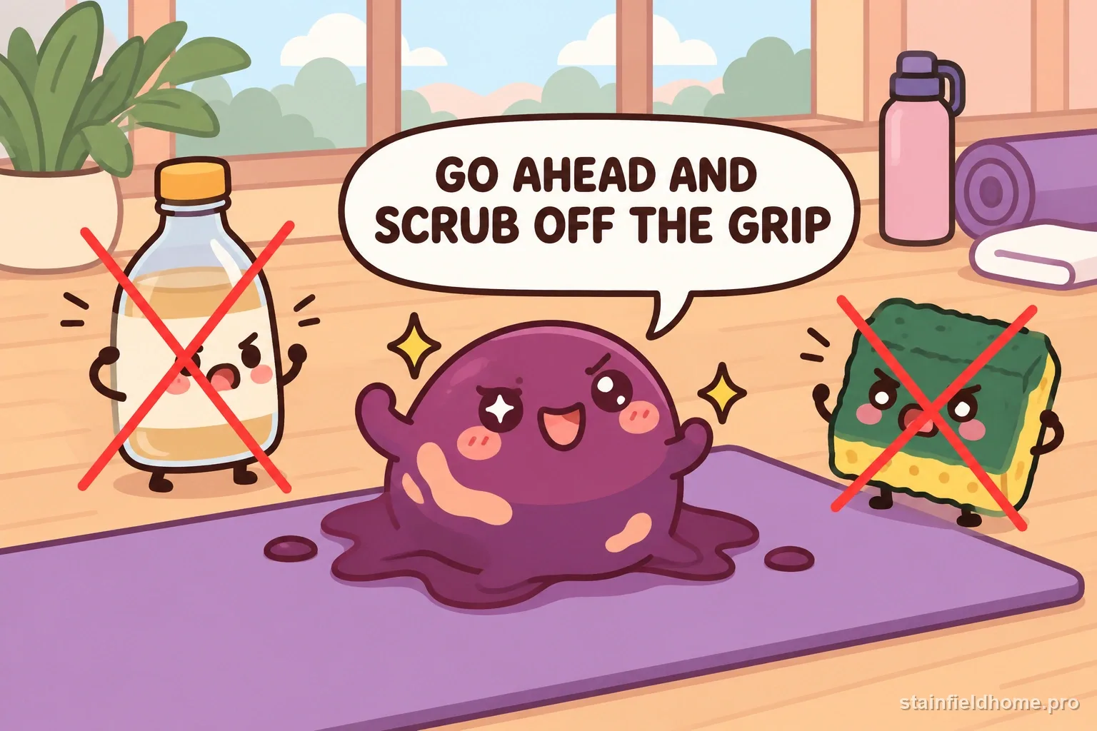 The stain character beside crossed-out vinegar and an abrasive scouring pad.